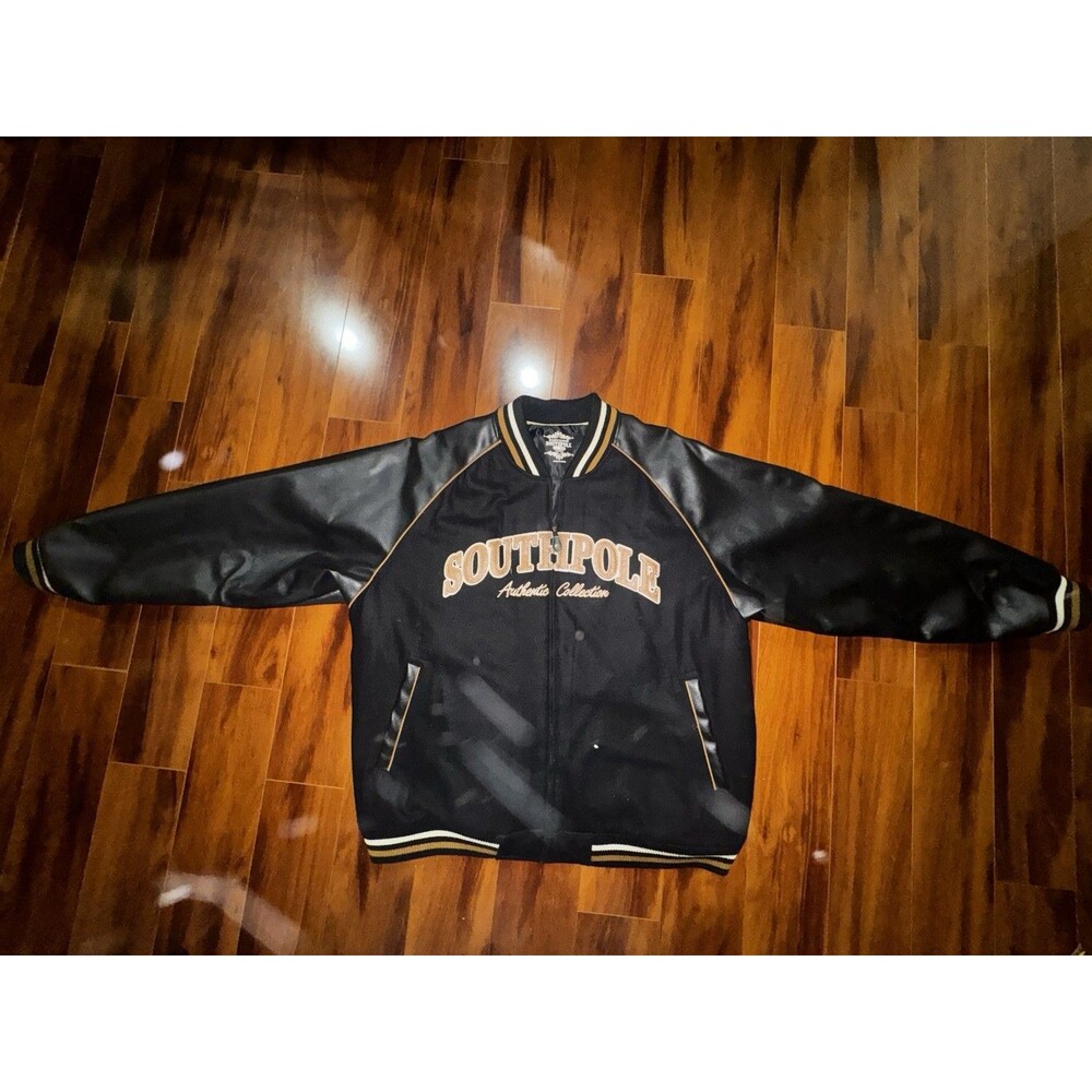 Vintage Southpole Wool Varsity Jacket XXL Black Faux Leather Sleeves Y2K